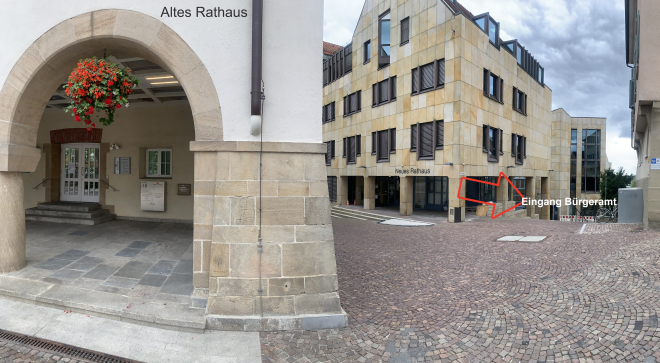Bild Altes Rathaus und neues Rathaus mit Pfeil Bild Altes Rathaus und neues Rathaus mit Pfeil