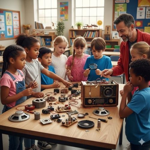 Kinder schauen auf ein zerlegtes Radio