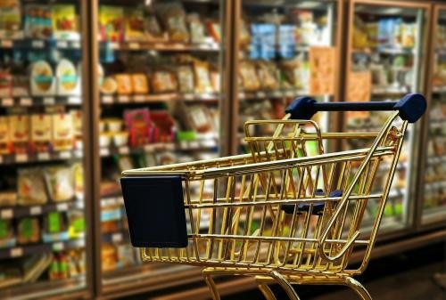 Einkaufswagen vor Kühlregal