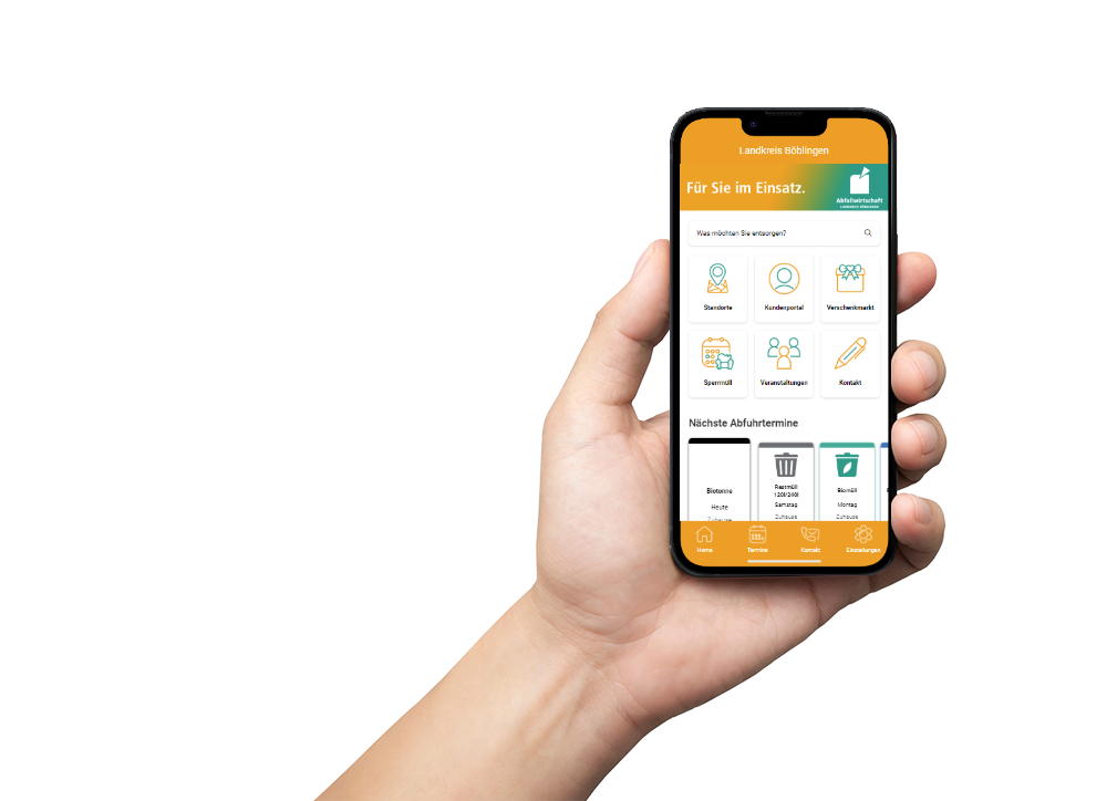Handy wird in einer Hand gehalten und auf dem Bildschirm ist die Abfall-App zu sehen.