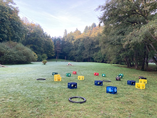 Wiese auf einer Waldlichtung mit Bierkästen und Ringen für das Teamtraining