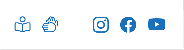 Symbole für "buch lesen", "Hände", "Instagram", "Facebook", "YouTube"