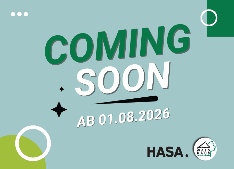 Farbfeld mit Schriftzug Coming Soon ab 01.08.2026 und Logo von Hasa und Waldhaus