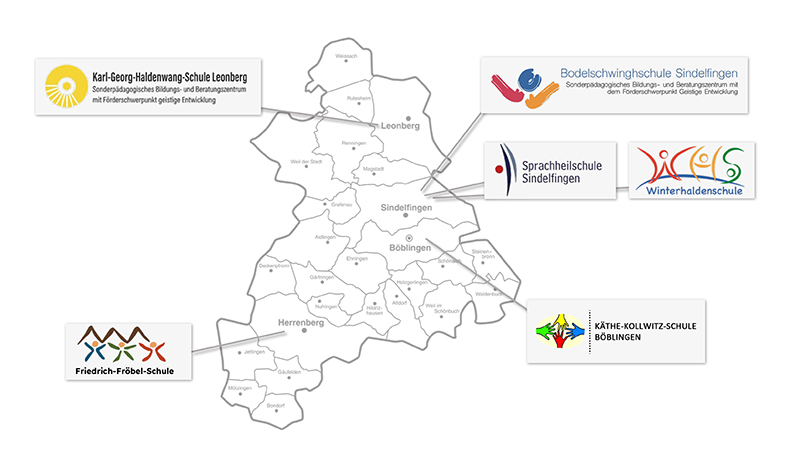 Landkreiskarte Böblingen mit den Logos der SBBZ Schulen