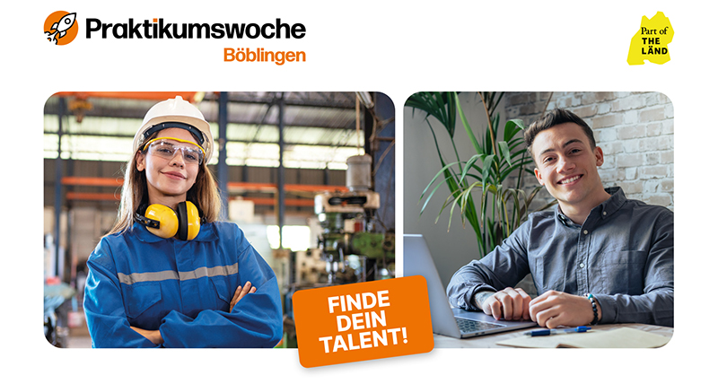 Zwei Jugendliche im Praktikum im Unternehmen, mit Werbung zur Praktikumswoche Böblingen