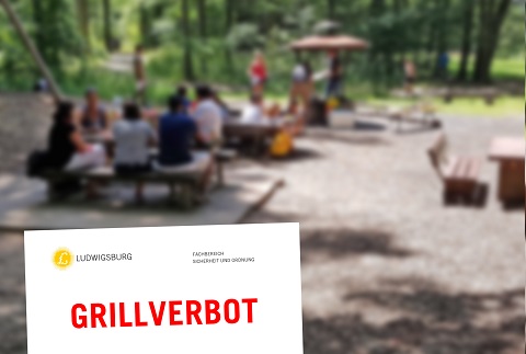 Bild eines Grillplatzes im Hintergrund, im Vordergrund ein Schild der Stadt Ludwigsburg mit der Aufschrift Grillverbot
