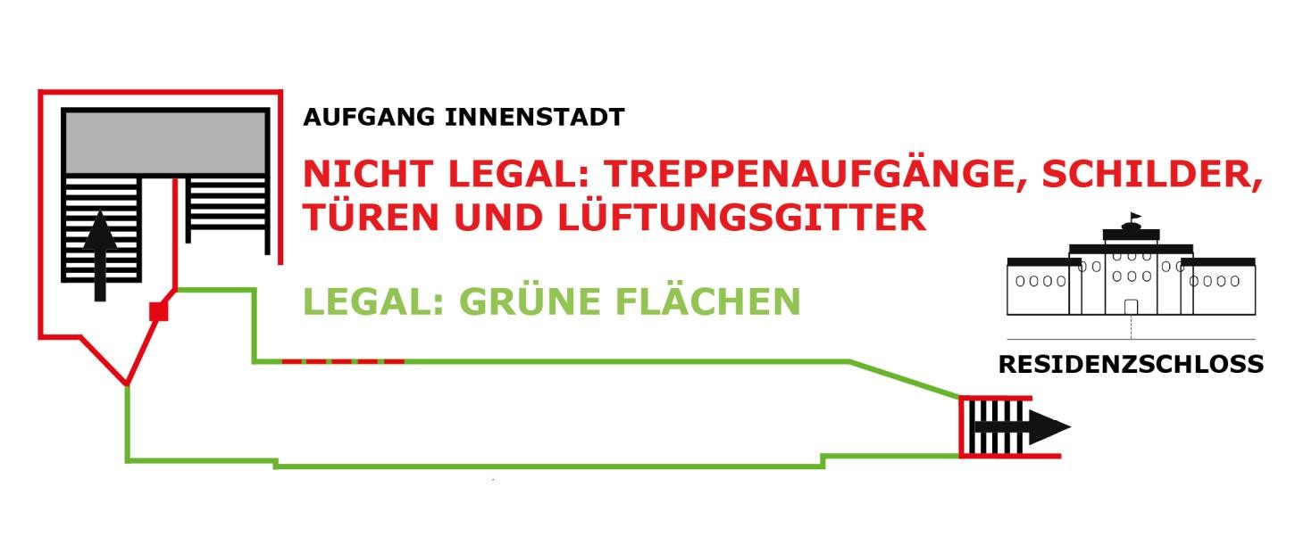 Nicht gesprayt werden darf in den Treppenaufgängen sowie Schilder, Türen und Lüftungsgitter. Legal sind alle Flächen in der grünen Zone.