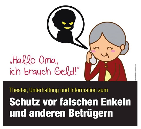 Zeichnung einer alten Dame am Telefon, die von einem Trickbetrüger angerufen wird