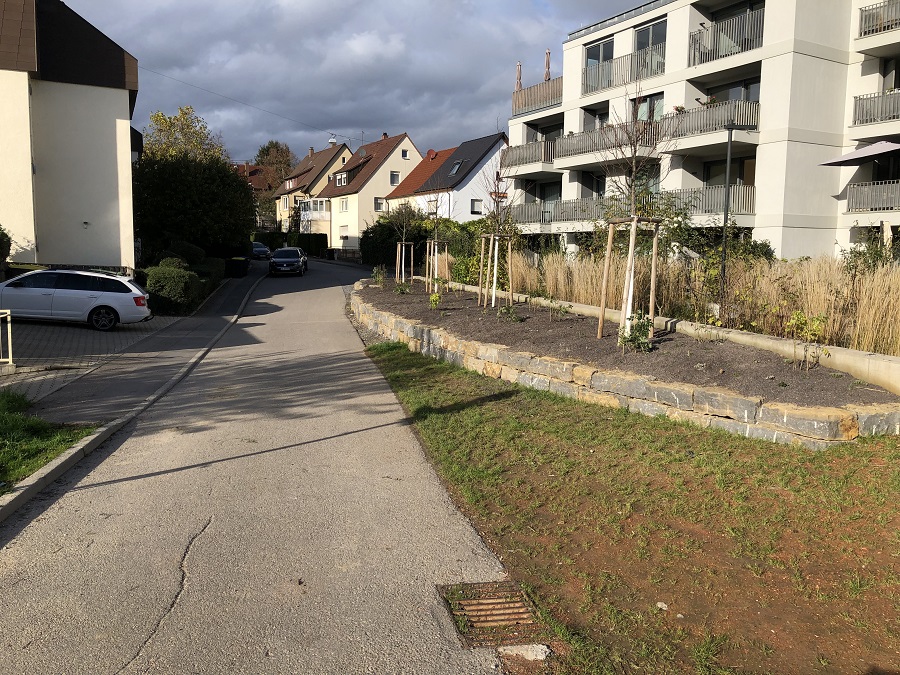 Frisch angelegte Grünanlage vor Wohngebäude