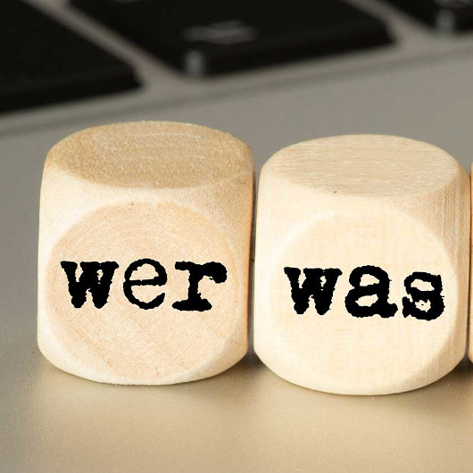 Zwei Holzwürfel mit der Beschriftung wer und was