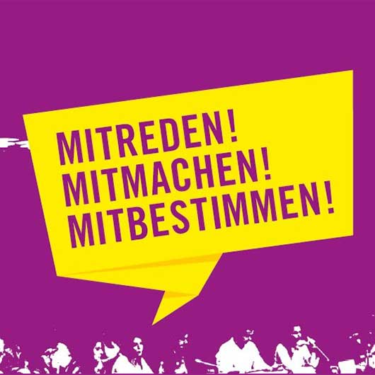 Slogan zur Jugendbeteiligung Mitreden, Mitmachen, Mitbestimmen
