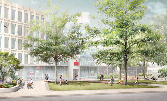 Die Visualisierung zeigt vor dem Gebäude der Kreissparkasse mehrere Rasenflächen mit Sitzgelegenheiten und Bäumen sowie Sitzmauern vor bepflanzten Flächen