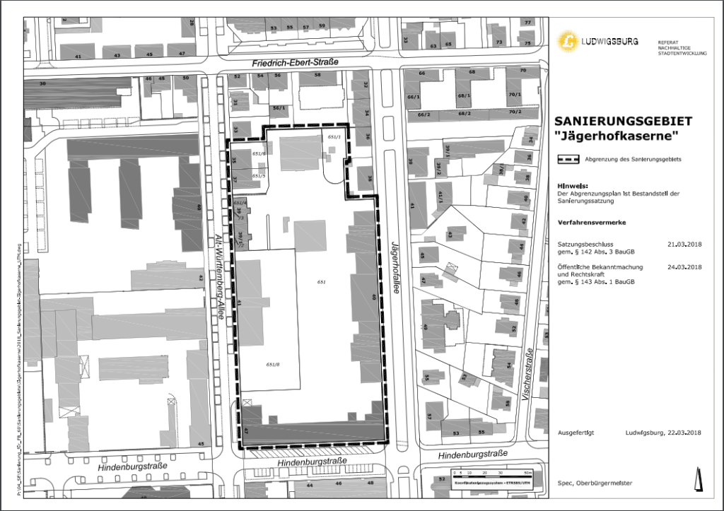 Lageplan Sanierungsgebiet Jägerhofkaserne vom 22.03.2018