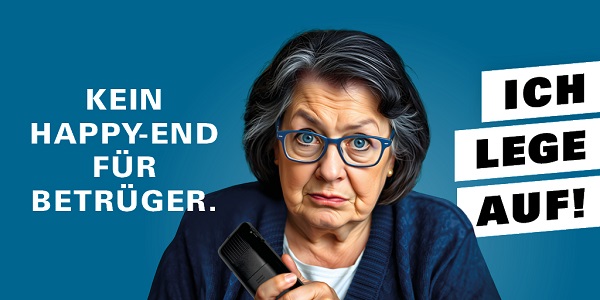 Trickbetrug am Telefon Bild einer Alten Dame mit dem Text: Kein Happy-End für Betrüger.