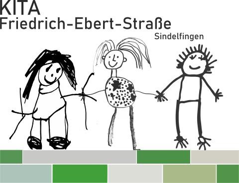 Logo der KiTa Friedrich-Ebert-Straße Das Logo der KiTa Friedrich-Ebert-Straße in Sindelfingen mit drei von Kindern gezeichneten Kindern, die auf grünen und grauen Rechtecken stehen, welche die Aussenfassade der Kita widerspiegeln.