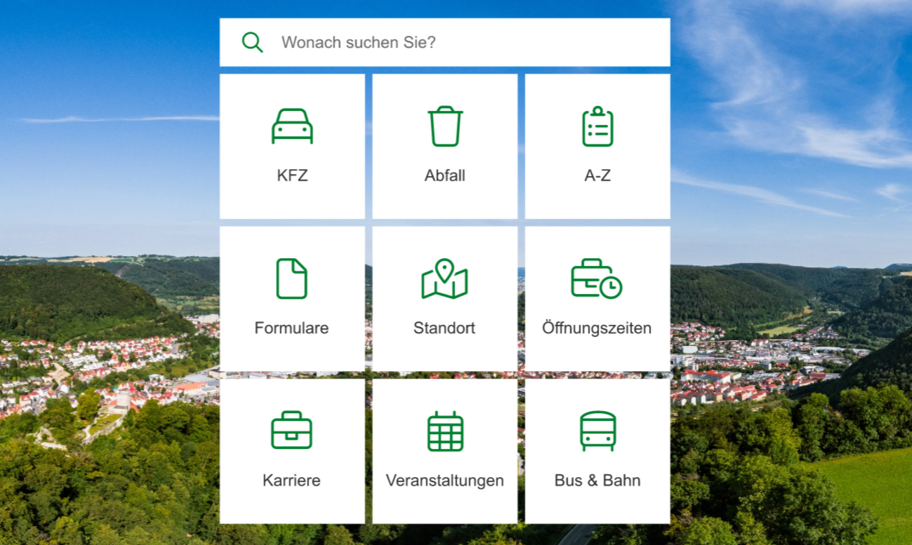 gro&szlig;es Bild auf der Startseite mit einem Suchfeld und 9 Themenfeldern