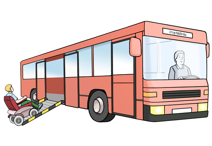 Ein Mensch im Rollstuhl f&auml;hrt &uuml;ber die Rampe in einen Bus rein