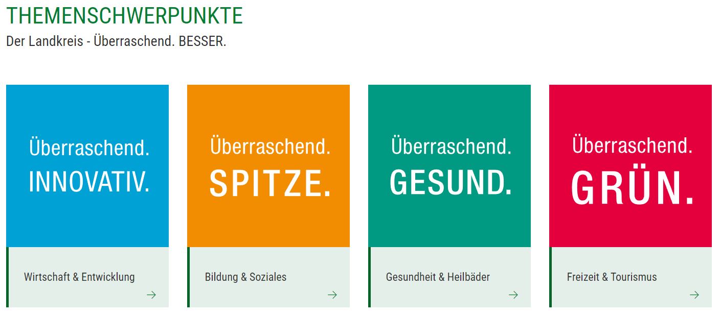 Die 4 Themen-Schwerpunkte vom Landkreis G&ouml;ppingen: 1. Wirtschauft und Entwicklung 2. Bildung und Soziales 3. Gesundheit und Heilb&auml;der 4. Freizeit und Tourismus
