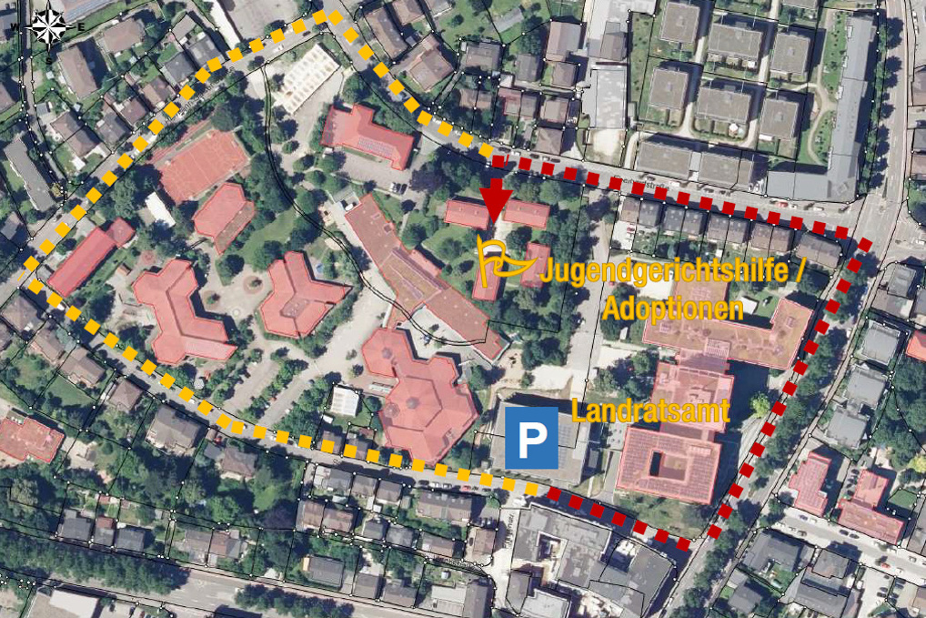 Lageplan Landratsamt und Markierung des Fu&szlig;weges &uuml;ber die Lorcher Str. und die Carl-Hermann-Gaiser-Str.