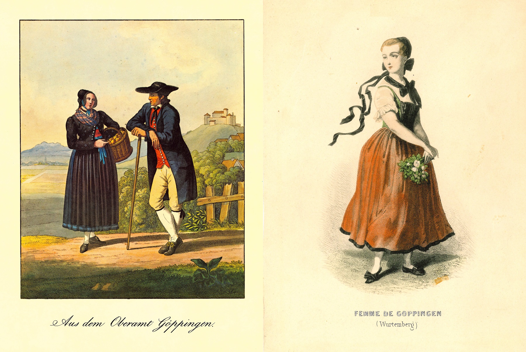 "Aus dem Oberamt G&ouml;ppingen", Carl Alexander Heideloff, um 1824 und "Femme de G&ouml;ppingen", Karl Girardet & Armand-Joseph Lallemand, um 1860 (Bestand S 18 Nr. 180 & 236)
