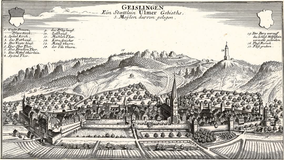 Ansicht der Amtsstadt Geislingen um 1700, Johann Stridbeck d. J., nach Vorlage von Matth&auml;us Merian (Bestand S 18 Nr. 14)