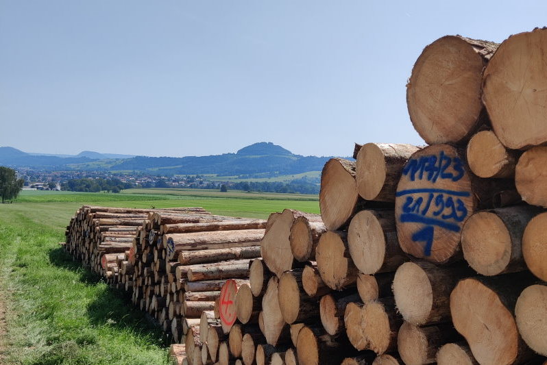 Holzpolter, im Hintergrund der Hohenstaufen. Quelle: Forstamt G&ouml;ppingen, J. Meier