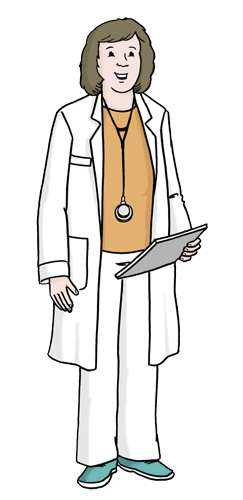 eine &Auml;rztin steht im wei&szlig;en Kittel und h&auml;lt ein Klemmbrett in der Hand