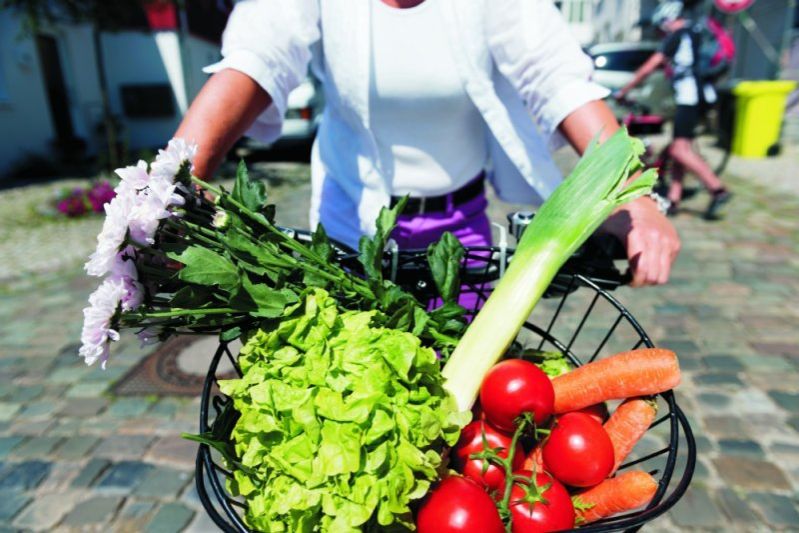 Frau h&auml;lt einen Einkaufskorb mit Salat, Lauch, Tomaten, Karotten und Blumen