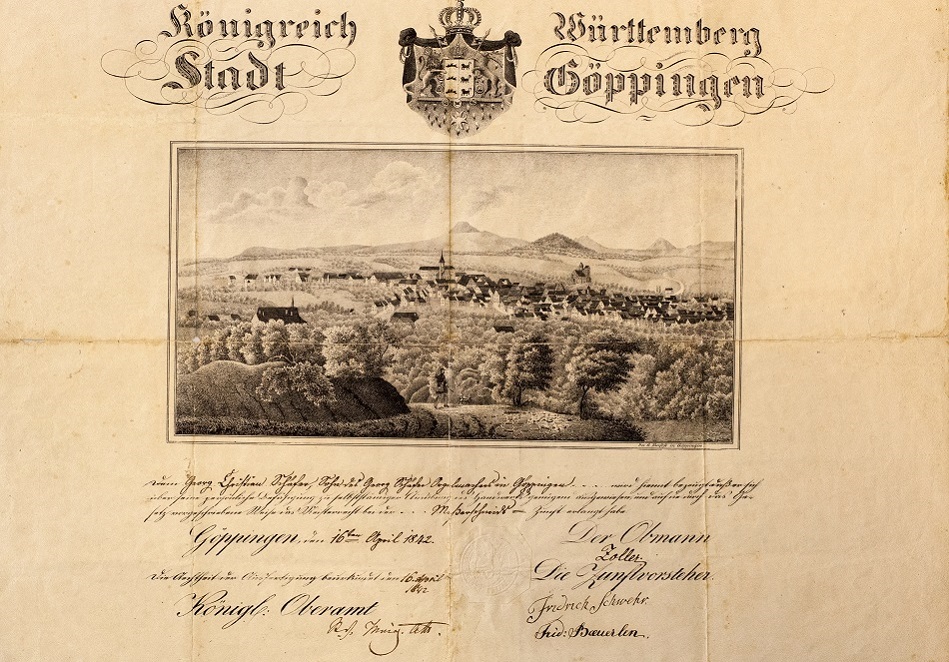 Meisterbrief des Georg Christian Sch&auml;fer von 1842 (Bestand S 18 Nr. 3)