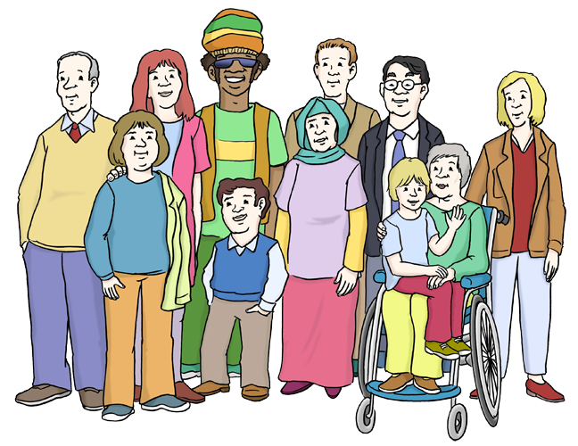 Eine Gruppe von Menschen mit unterschiedlicher Herkunft, manche haben eine Behinderung.