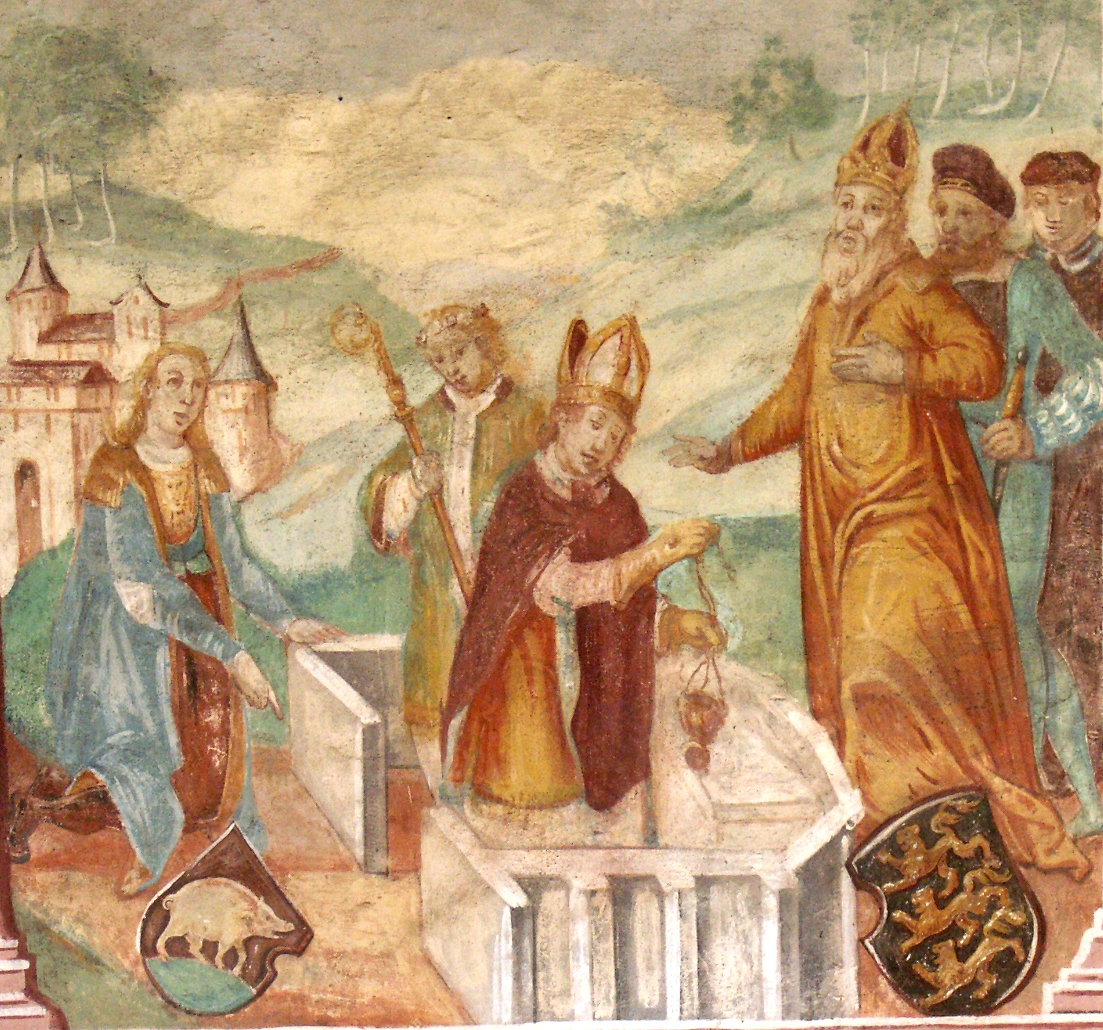 Kaiser Friedrich Barbarossa (rechts)&nbsp;und seine S&ouml;hne nehmen 1188 an der Altarweihe des Pr&auml;monstratenserklosters Adelberg teil (Fresko in der Ulrichskapelle Adelberg, 16. Jahrhundert)