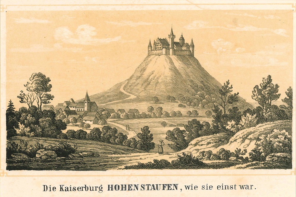 Lithographie der Burg Hohenstaufen nach Vorstellung des Künstlers (um 1870) Lithographie der Burg Hohenstaufen nach Vorstellung des Künstlers (um 1870)