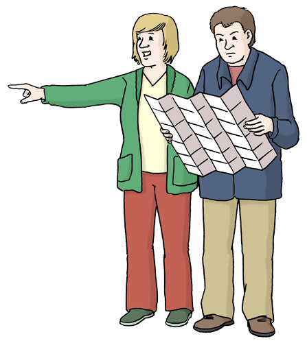 Ein Mann und eine Frau stehen nebeneinander mit einer gro&szlig;en Karte in der Hand und suchen nach Orientierung.