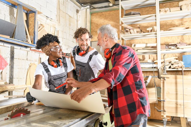Ausbilder mit zwei Auszubildenden in einer Holzwerkstatt beim Betrachten von Pl&auml;nen (Quelle: Pixabay)