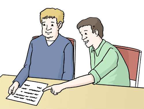 Ein Mann erkl&auml;rt einem anderen Mann wie er einen Antrag ausf&uuml;llen muss.