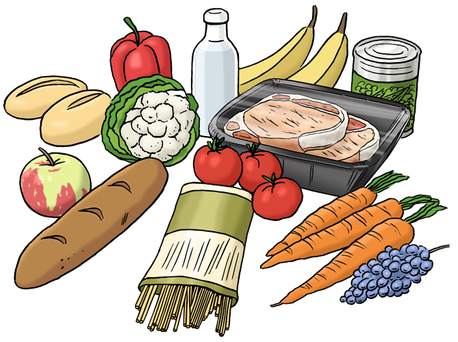 verschiedenes Obst und Gem&uuml;se, Brot, Nudeln und Fleisch liegen nebeneinander