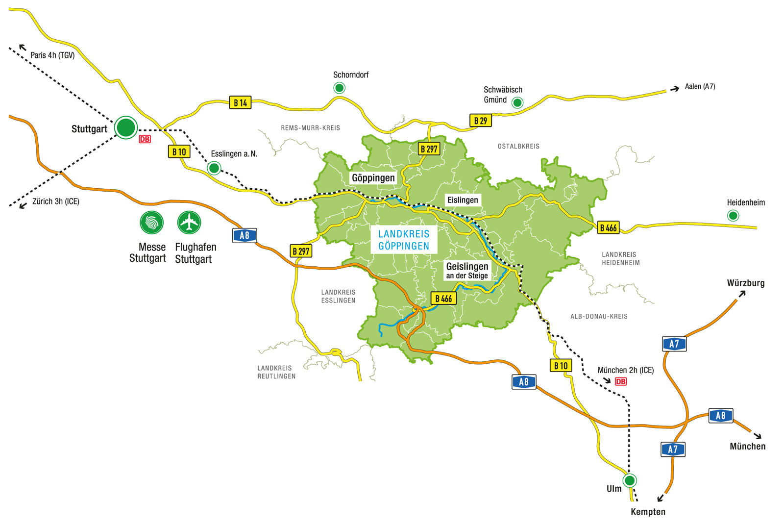&Uuml;bersichtskarte Landkreis G&ouml;ppingen. Eingezeichnet sind Landkreisgrenzen, Nachbarlandkreise, Autobahnen, Bahnlinien und Flughafen