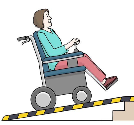 Ein Rollstuhlfahrer f&auml;hrt eine Rampe hoch.