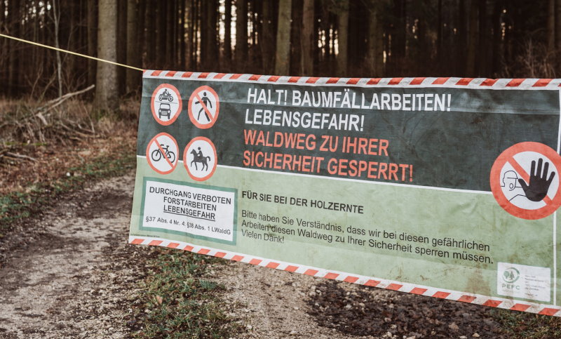Banner &uuml;ber einen Waldweg gespannt mit der Aufschrift: Halt! Baumf&auml;llungen! Quelle: Kerstin Maier 
