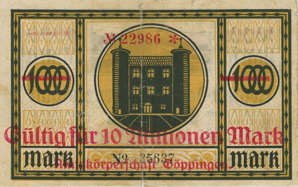 10 Millionen Mark-Notgeldschein der Amtsk&ouml;rperschaft G&ouml;ppingen von 1923 (Quelle: Kreisarchiv G&ouml;ppingen)