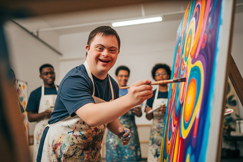 Ein junger Mann mit Behinderung malt ein Bild, im Hintergrund ist ein Gruppe zu sehen