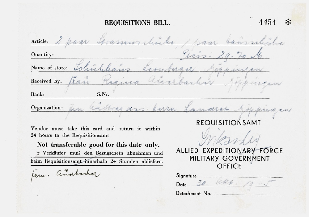 Bezugsschein für zwei Paar Straßen- und ein Paar Hausschuhe (Bestand C 0 Nr. 184) Bezugsschein für zwei Paar Straßen- und ein Paar Hausschuhe (Bestand C 0 Nr. 184)
