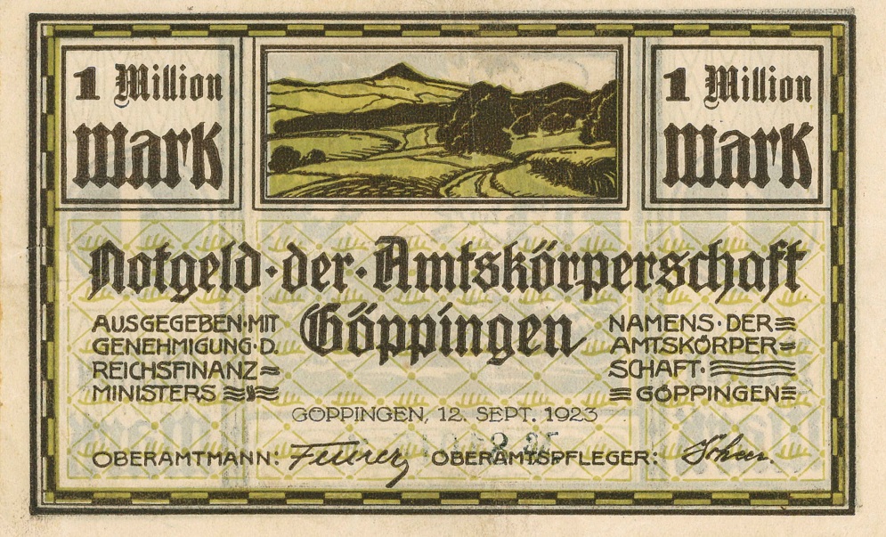 1 Million Mark-Notgeldschein der Amtsk&ouml;rperschaft G&ouml;ppingen von 1923 (Quelle: Kreisarchiv G&ouml;ppingen)