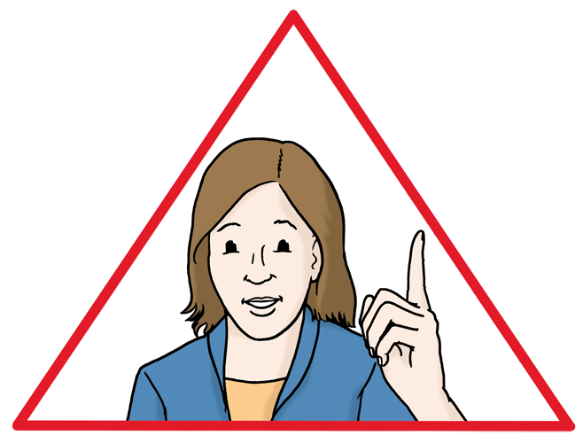 In einem roten Warndreieck ist eine Frau mit erhobenem Zeigefinger zu sehen