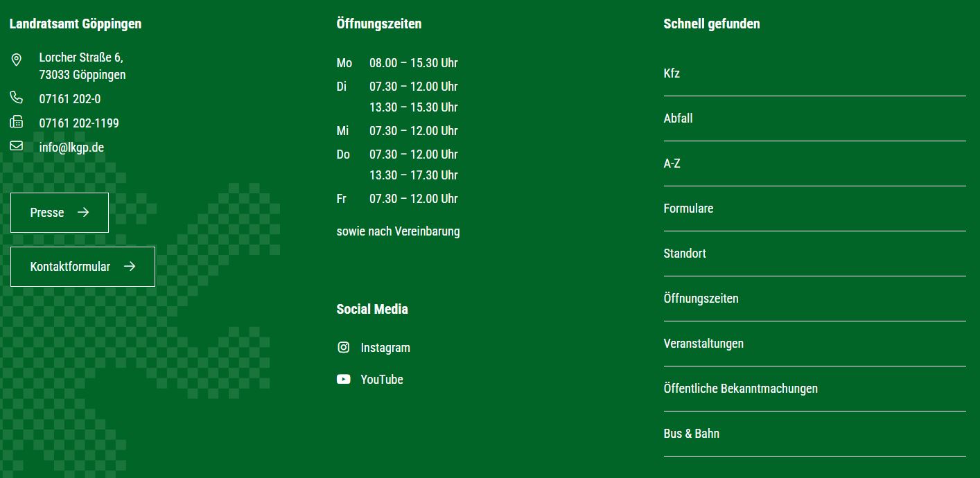 gro&szlig;er Infokasten mit Adresse, &Ouml;ffnungszeiten und oft gesuchten Themen