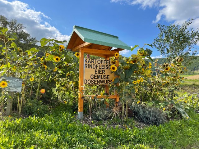 Werbetafel Direktvermarktung aus Holz mit gr&uuml;nem Dach 