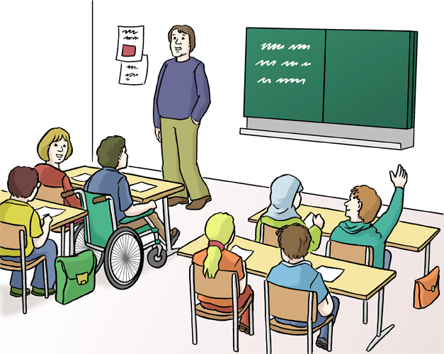 Ein Lehrer steht neben der Tafel, vor ihm sitzen Sch&uuml;ler mit und ohne Behinderung. Ein Kind meldet sich.
