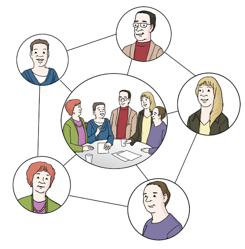 mehrere Menschen sind miteinander vernetzt und arbeiten zusammen