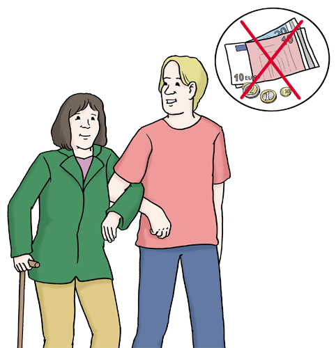 Ein junger Mann arbeitet ehrenamtlich und l&auml;uft mit einer &auml;lteren Frau untergehakt. Geld bekommt er f&uuml;r seine Hilfe nicht