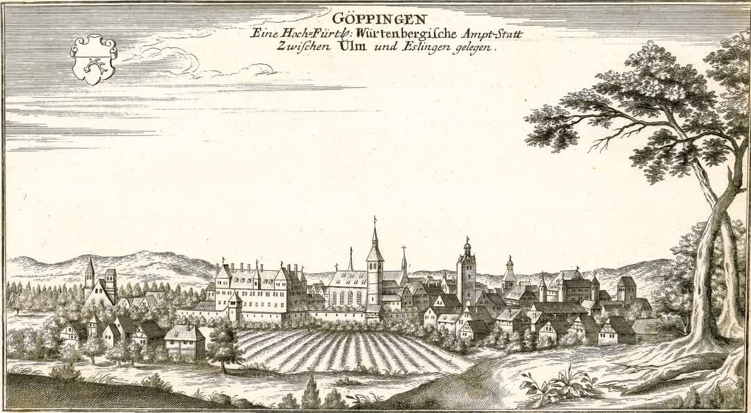 Ansicht der Amtsstadt G&ouml;ppingen um 1700, Johann Stridbeck d. J., nach Vorlage von Matth&auml;us Merian (Bestand S 18 Nr. 13)